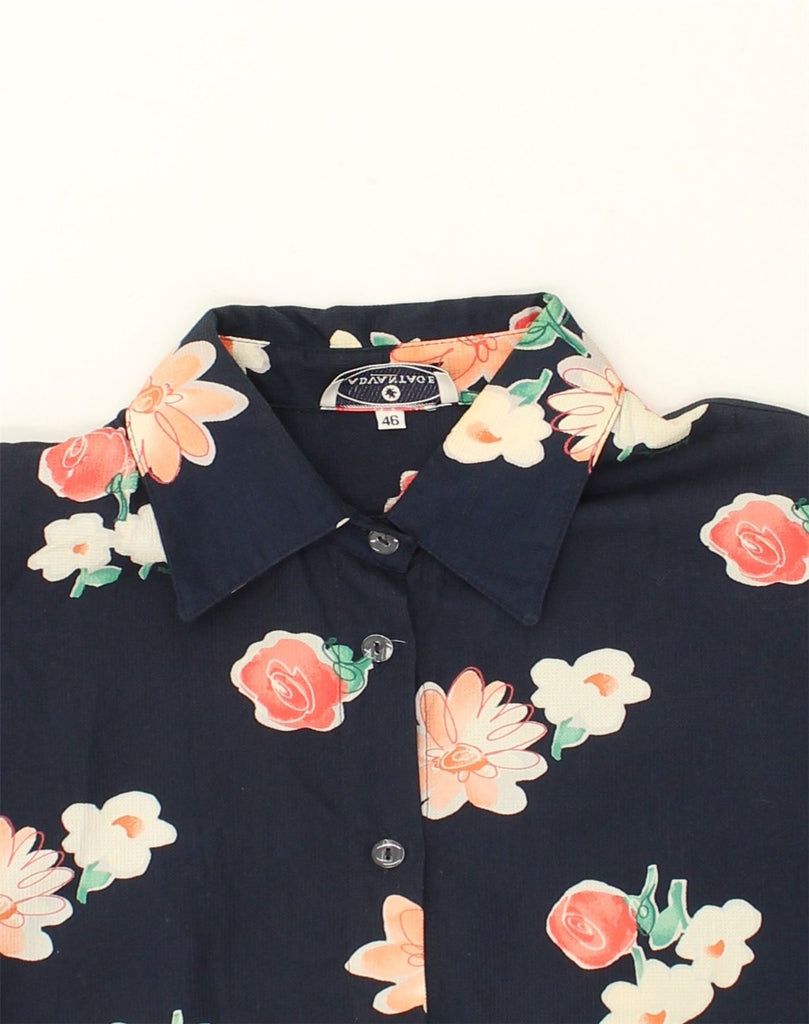 VINTAGE Womens Short Sleeve Shirt IT 46 Large Navy Blue Floral Cotton | Vintage Vintage | Thrift | Second-Hand Vintage | Used Clothing | Messina Hembry 