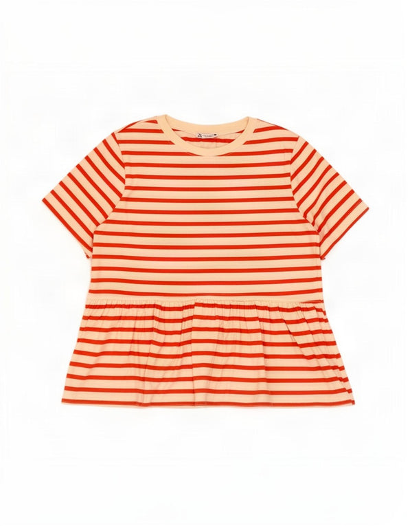 Zara Womens Blouse Top UK 12 Medium Red Striped Cotton