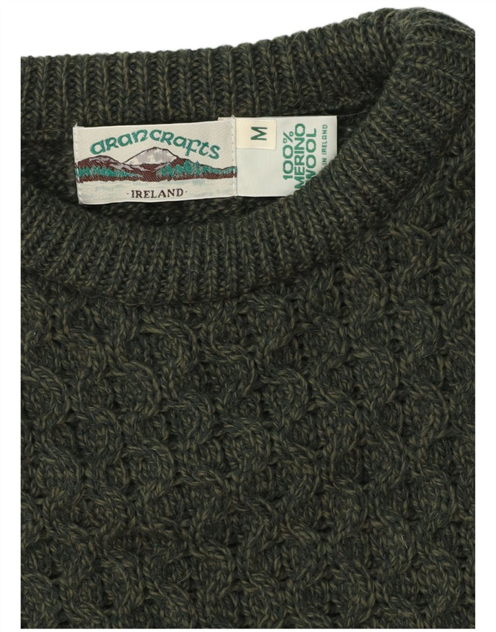 Aran Crafts Mens Boat Neck Jumper Sweater Medium Green Merino Wool