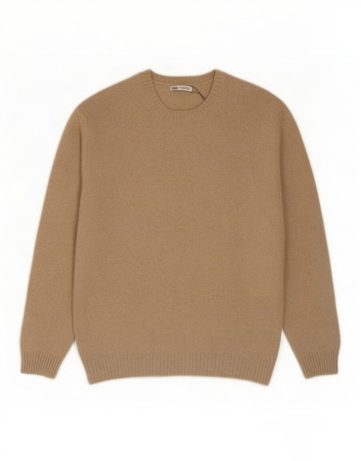 Zara Mens Crew Neck Jumper Sweater XL Beige Wool
