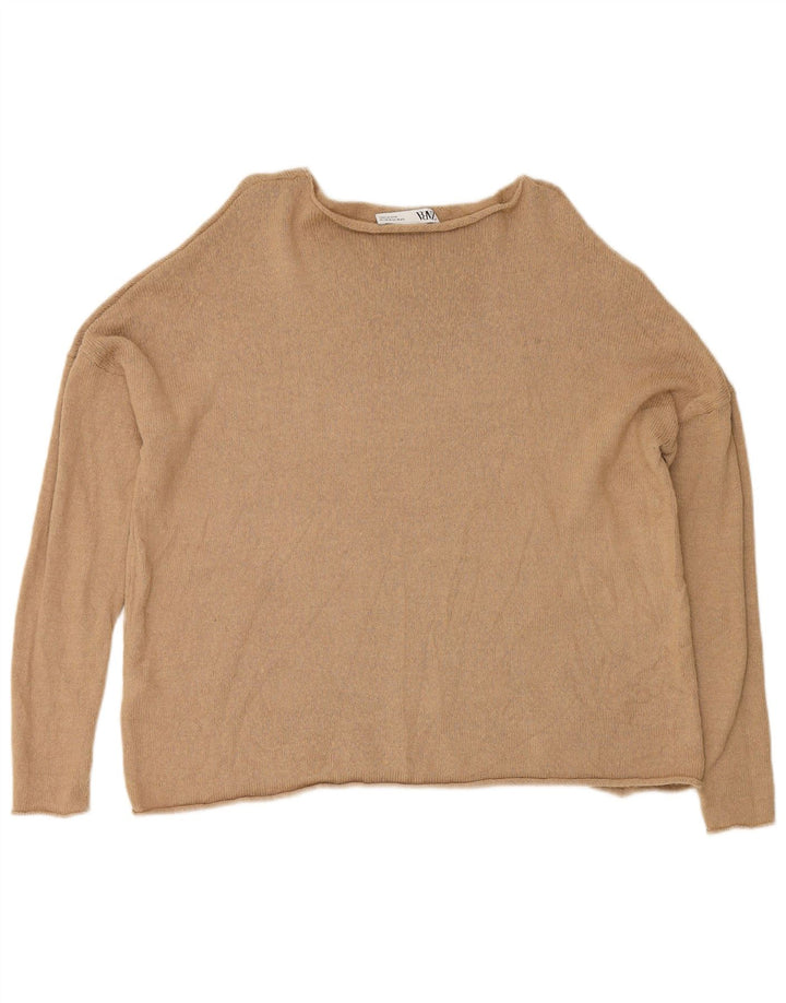 ZARA Womens Oversized Boat Neck Jumper Sweater UK 14 Medium Beige Cotton