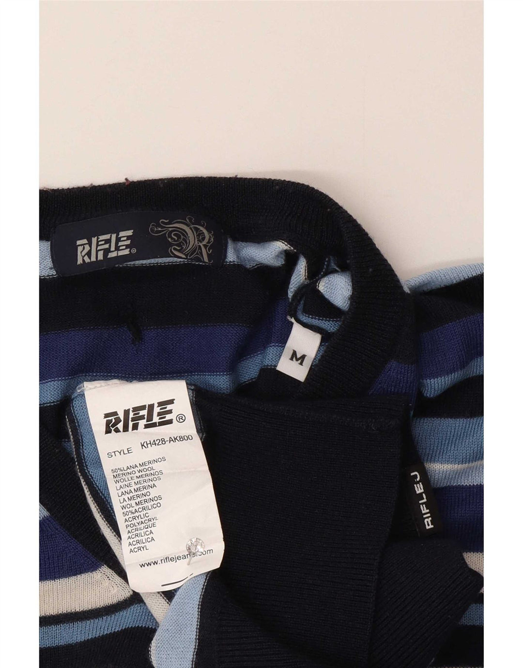 Rifle Mens V-Neck Jumper Sweater Medium Navy Blue Striped Wool