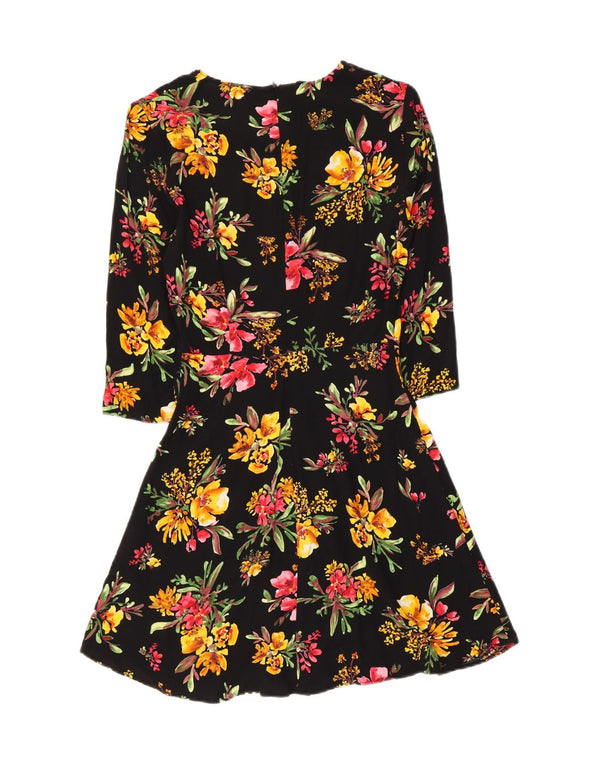 Zara Womens 3/4 Sleeve A-Line Dress UK 4 XS Black Floral Viscose