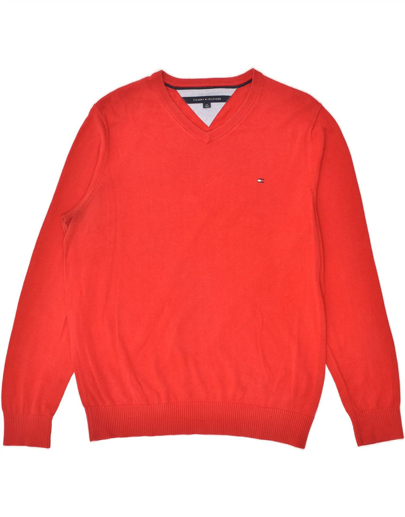 TOMMY HILFIGER Mens V-Neck Jumper Sweater Large Red Cotton | Vintage Tommy Hilfiger | Thrift | Second-Hand Tommy Hilfiger | Used Clothing | Messina Hembry 