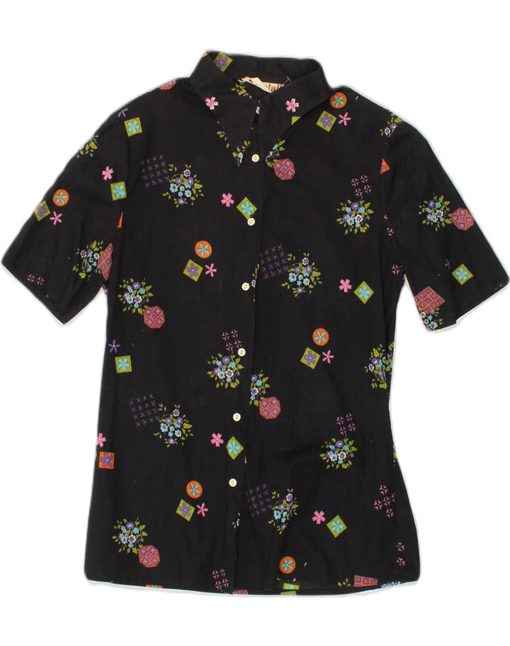 VINTAGE Womens Short Sleeve Shirt Blouse UK 12 Medium Black Geometric Vintage Vintage and Second-Hand Vintage from Messina Hembry 