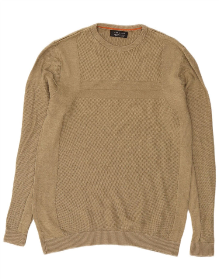 Zara Mens Crew Neck Jumper Sweater Medium Khaki Acrylic