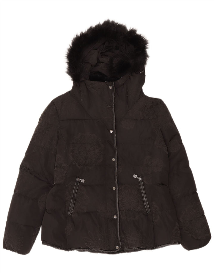 Desigual Womens Graphic Hooded Padded Jacket IT 44 Medium Black Floral