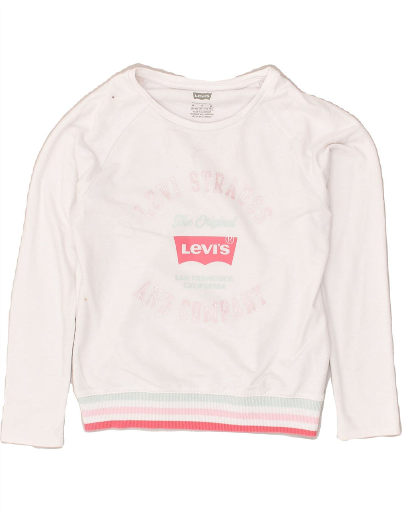 LEVI'S Girls Graphic Sweatshirt Jumper 10-11 Years Medium White Cotton | Vintage Levi's | Thrift | Second-Hand Levi's | Used Clothing | Messina Hembry 