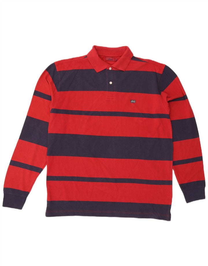 ASICS Mens Long Sleeve Polo Shirt Large Red Striped Cotton