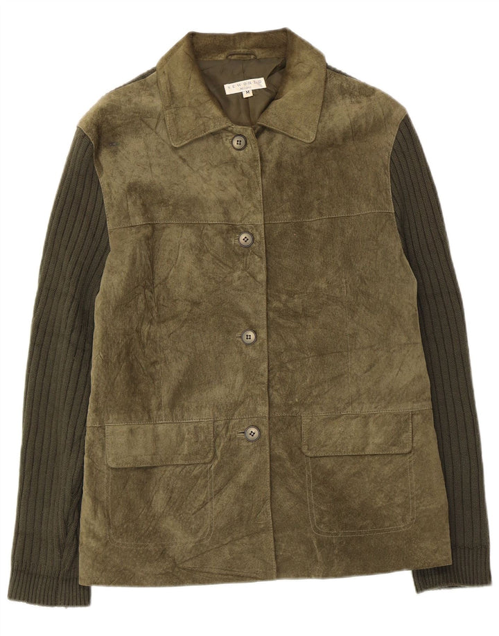 Vintage Womens Knit Suede Jacket UK 14 Medium Green Leather