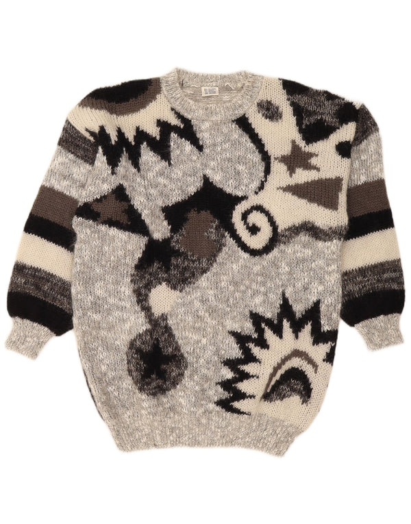 Vintage Mens Crew Neck Jumper Sweater UK 42/44 Large Grey Geometric