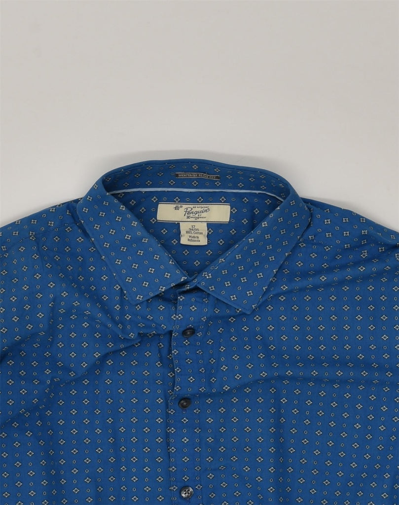 PENGUIN Mens Slim Fit Shirt Size 17 1/2 XL Blue Geometric Cotton | Vintage Penguin | Thrift | Second-Hand Penguin | Used Clothing | Messina Hembry 