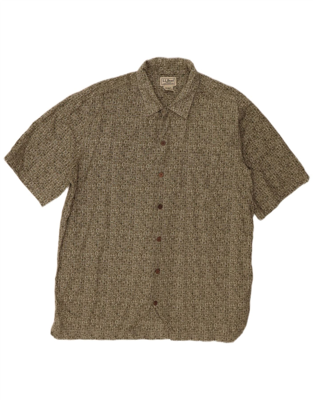 L.L.Bean Mens Short Sleeve Shirt Medium Khaki Geometric Cotton