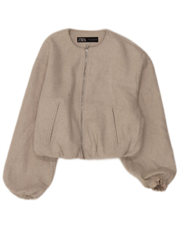 Zara Womens Crop Oversized Bomber Jacket UK 10 Small Beige Polyester
