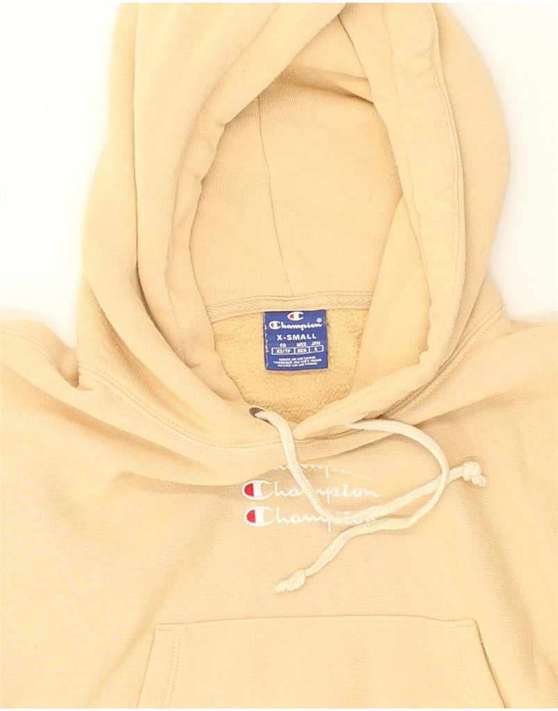 CHAMPION Womens Crop Graphic Hoodie Jumper UK 10 Small Beige Cotton | Vintage Champion | Thrift | Second-Hand Champion | Used Clothing | Messina Hembry 