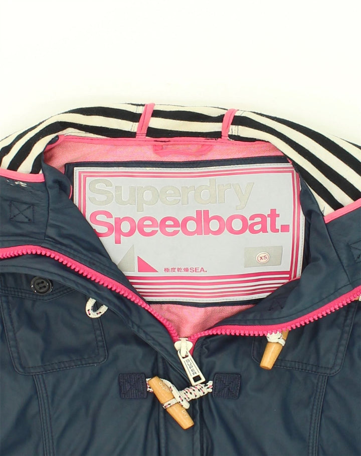 SUPERDRY Womens Hooded Duffle Jacket UK 6 XS Navy Blue Polyester | Vintage Superdry | Thrift | Second-Hand Superdry | Used Clothing | Messina Hembry 