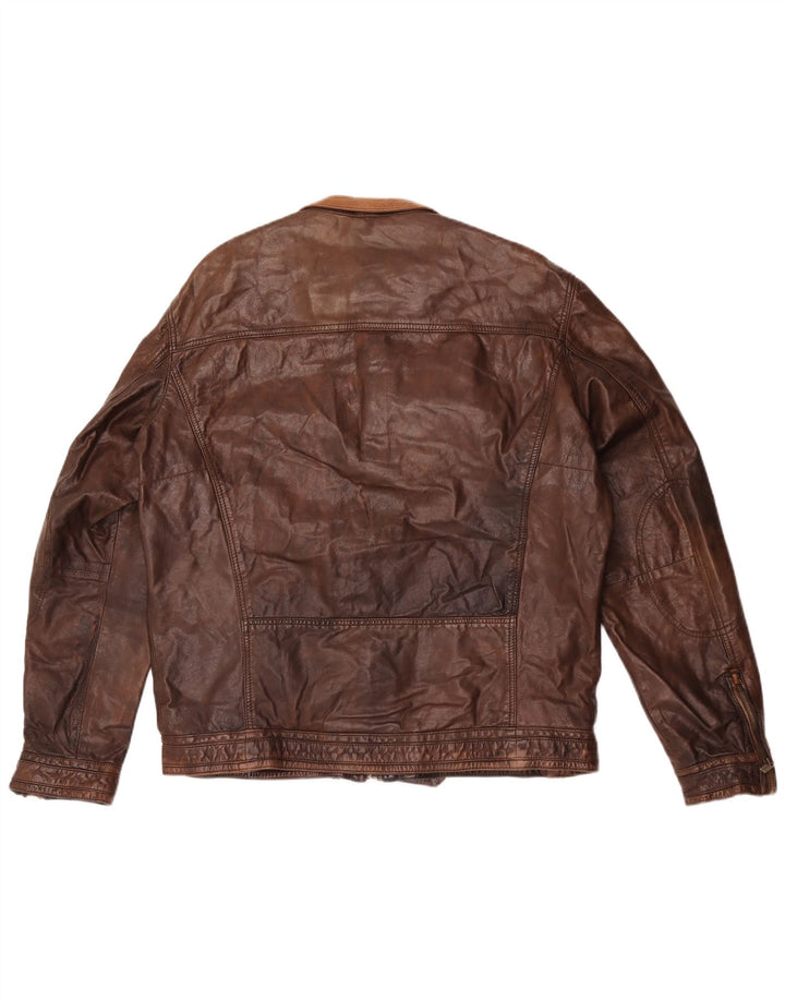 Massimo Dutti Mens Leather Biker Jacket UK 42 XL Brown Leather