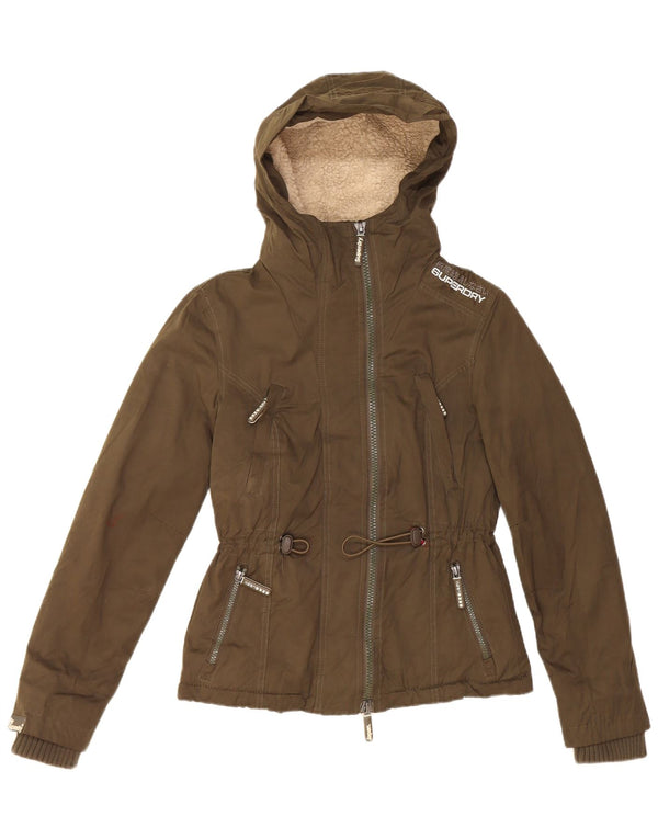 Superdry Womens Hooded Sherpa Parka Jacket UK 6 XS Khaki Polyester