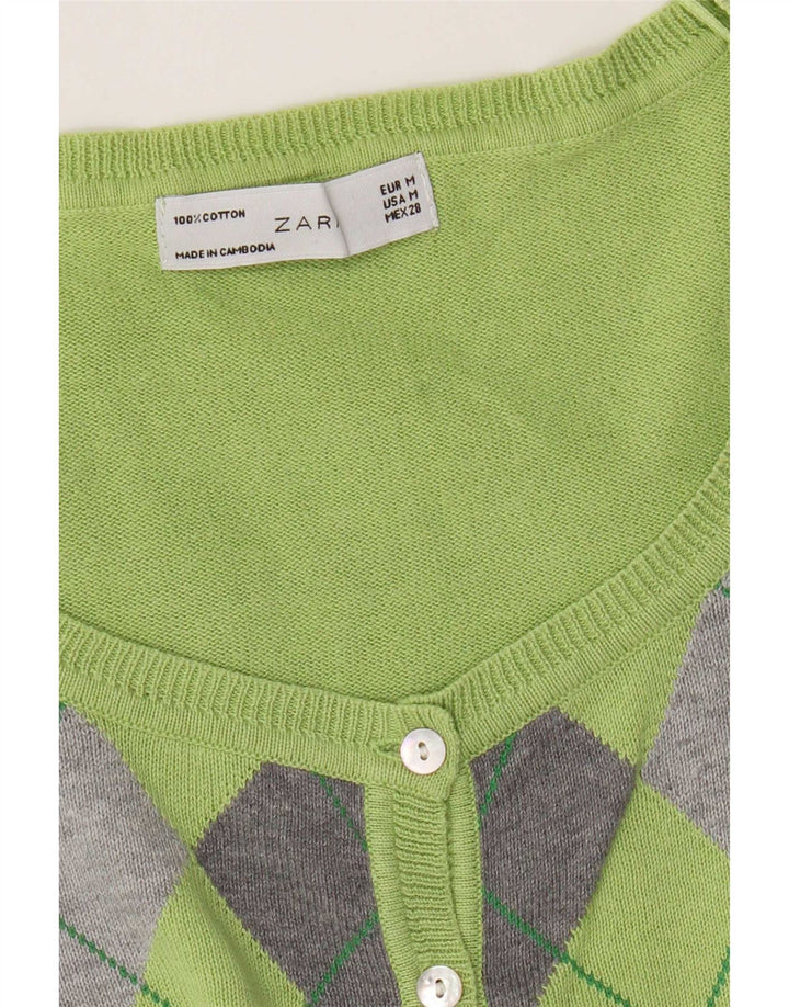 Zara Womens Cardigan Sweater UK 12 Medium Green Argyle/Diamond Cotton
