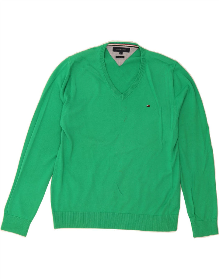 TOMMY HILFIGER Mens V-Neck Jumper Sweater Large Green Cotton Vintage Tommy Hilfiger and Second-Hand Tommy Hilfiger from Messina Hembry 