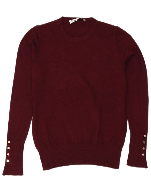 Zara Womens Crew Neck Jumper Sweater UK 12 Medium Burgundy