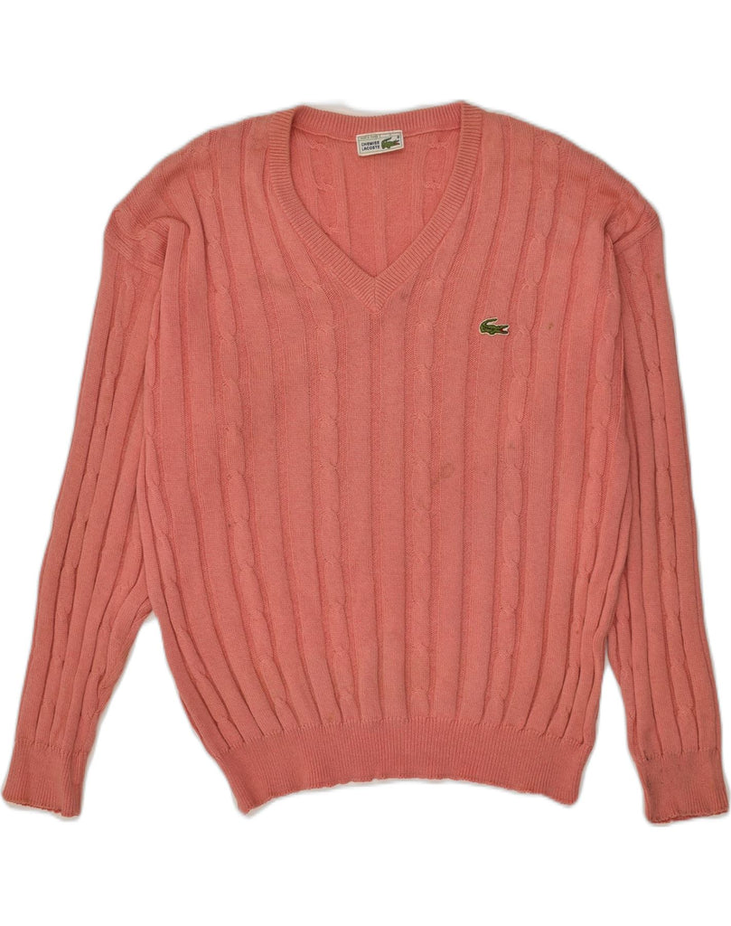 LACOSTE Mens V-Neck Jumper Sweater Size 4 Medium Pink Wool | Vintage Lacoste | Thrift | Second-Hand Lacoste | Used Clothing | Messina Hembry 