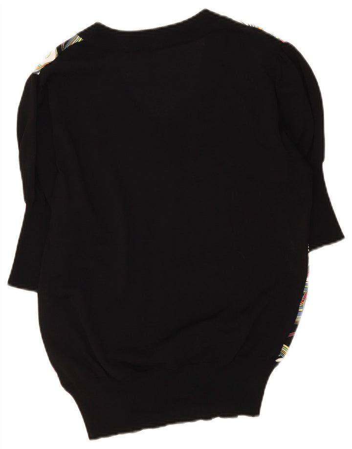 Vintage Womens Abstract Pattern Top 3/4 Sleeve UK 16 Large Black Silk
