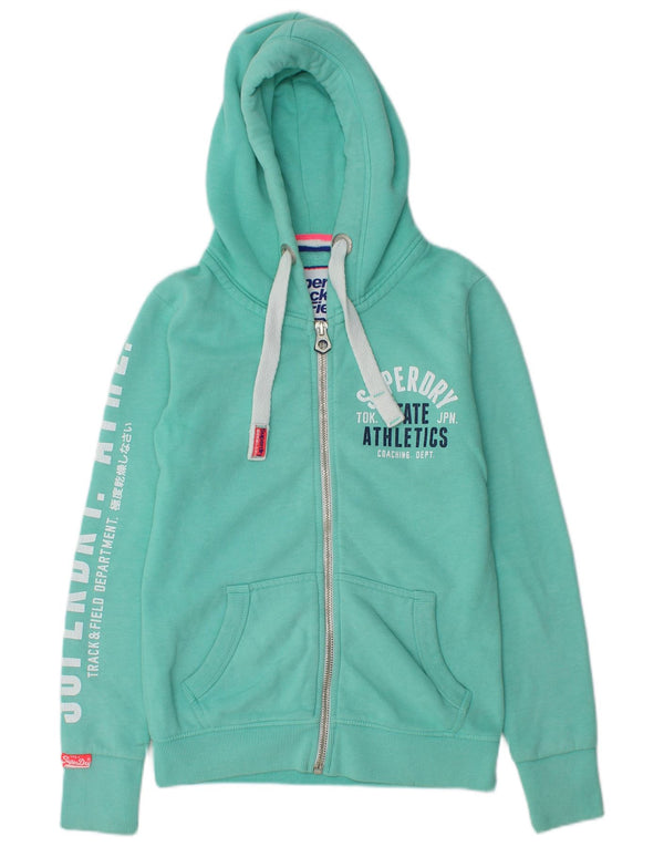 Superdry Womens Graphic Zip Hoodie Sweater UK 10 Small Turquoise Cotton