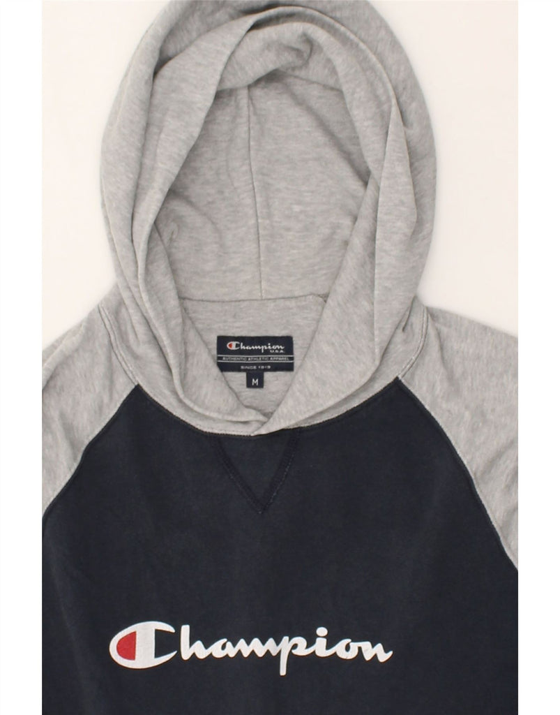 CHAMPION Womens Graphic Hoodie Jumper UK 14 Medium Navy Blue Colourblock | Vintage Champion | Thrift | Second-Hand Champion | Used Clothing | Messina Hembry 