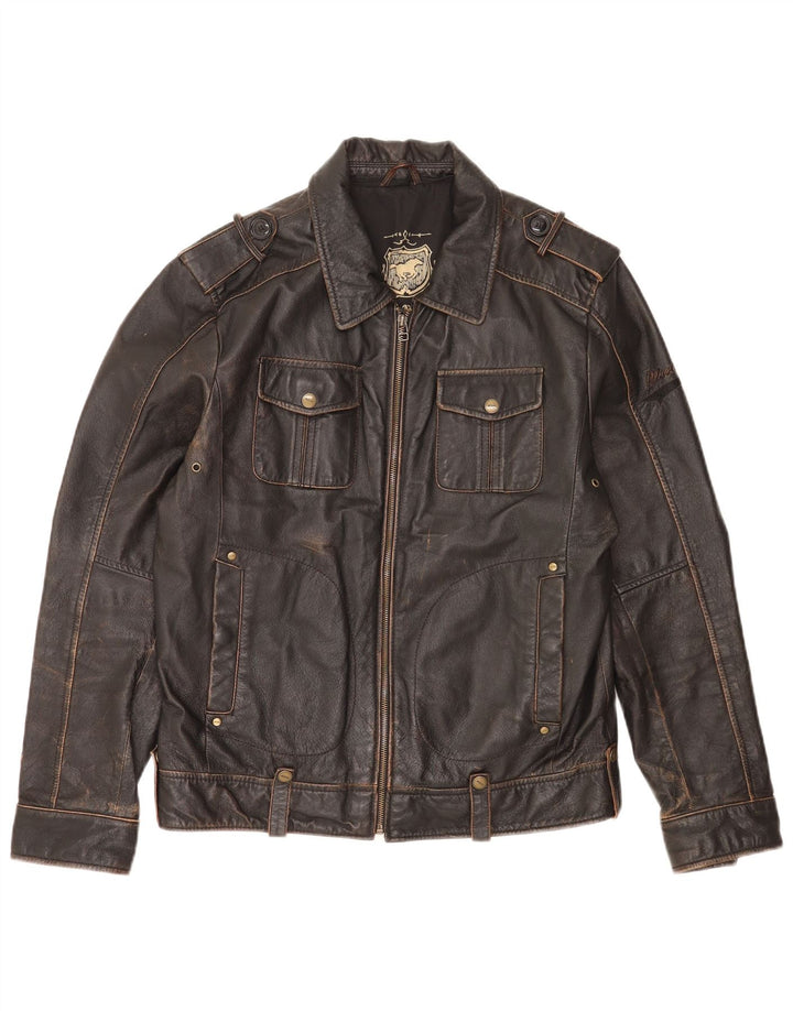 Mustang Mens Military Leather Jacket UK 36 Small Brown Leather