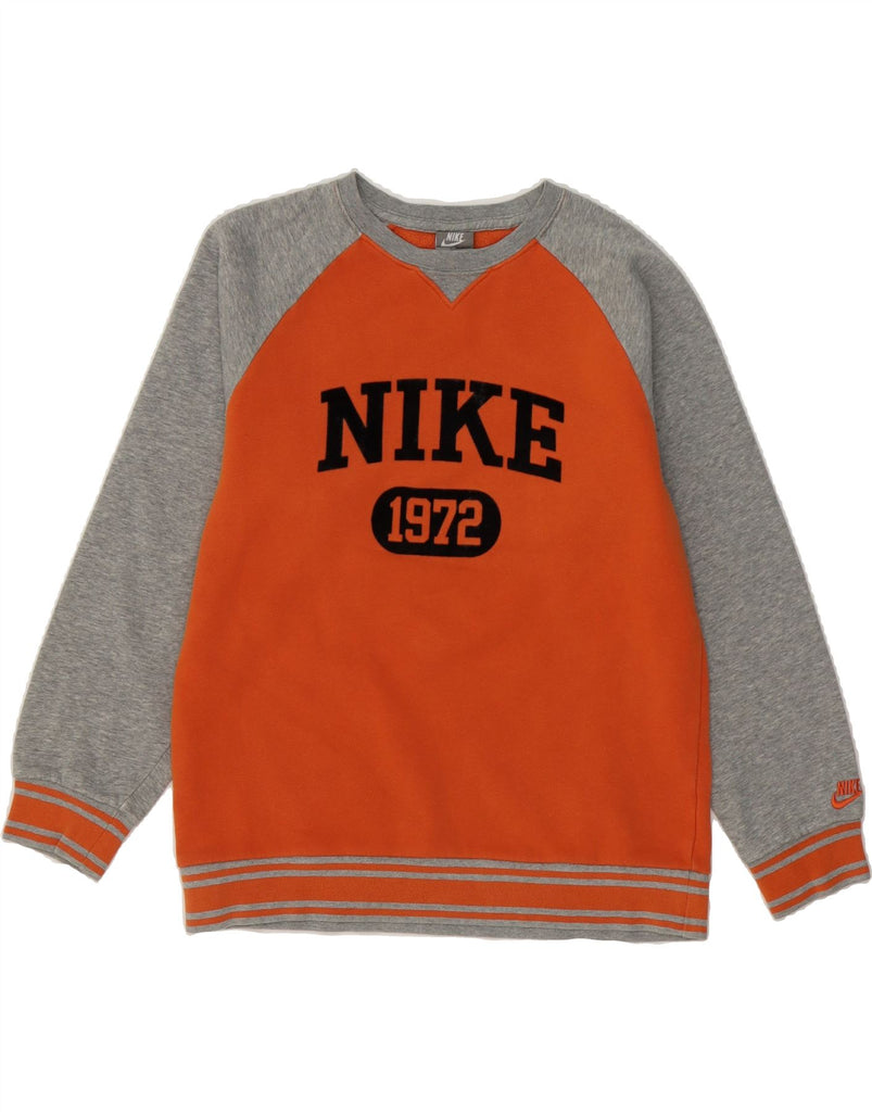 NIKE Boys Graphic Sweatshirt Jumper 12-13 Years Large Orange Colourblock Vintage Nike and Second-Hand Nike from Messina Hembry 