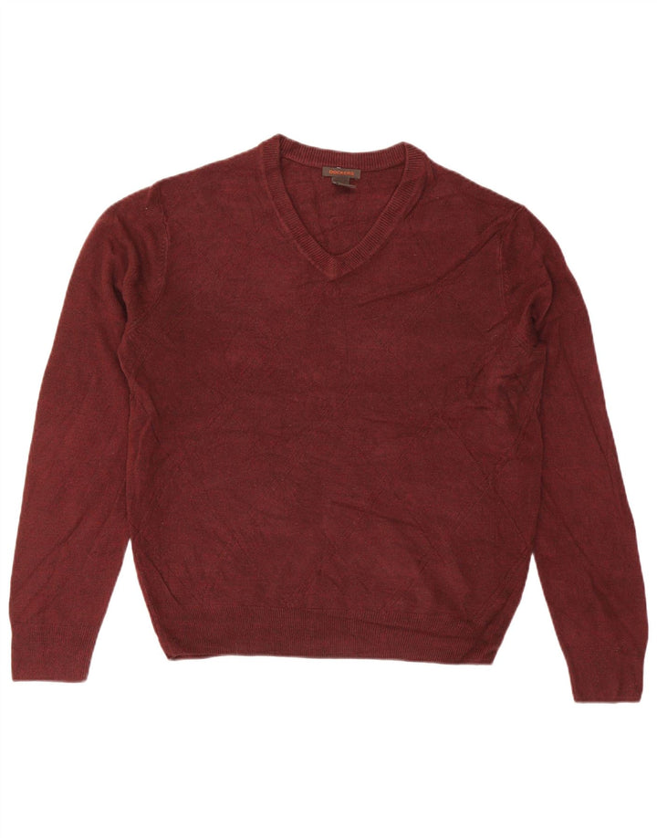 Dockers Mens V-Neck Jumper Sweater Large Burgundy Acrylic