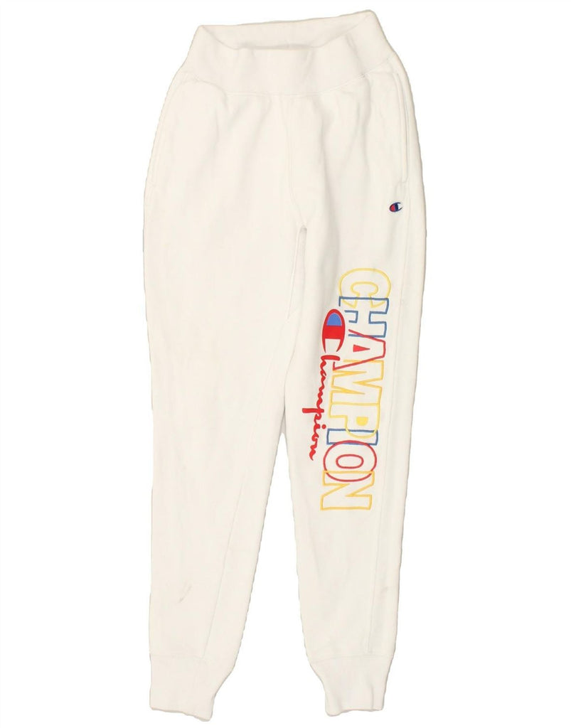 CHAMPION Womens Graphic Tracksuit Trousers Joggers UK 8 Small White Cotton | Vintage Champion | Thrift | Second-Hand Champion | Used Clothing | Messina Hembry 