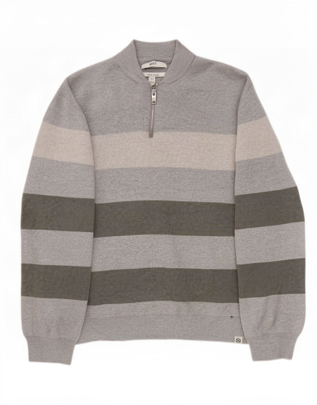 Marks & Spencer Mens Zip Neck Jumper Sweater 3XL Grey Striped Cotton