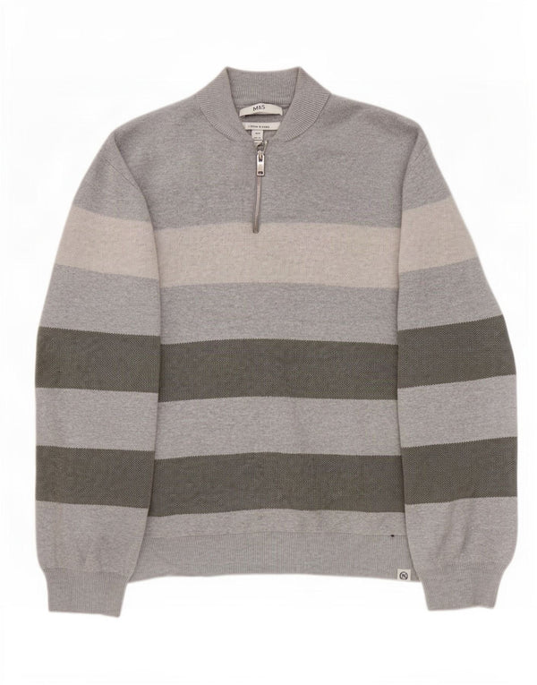 Marks & Spencer Mens Zip Neck Jumper Sweater 3XL Grey Striped Cotton