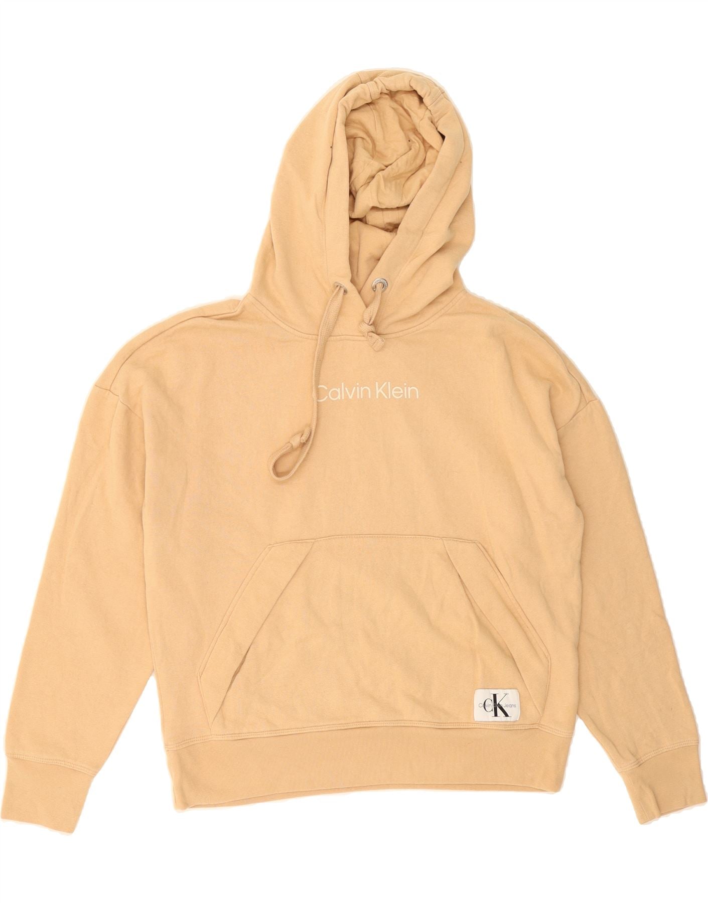 CALVIN KLEIN JEANS Womens Graphic Hoodie Jumper UK 14 Medium Beige