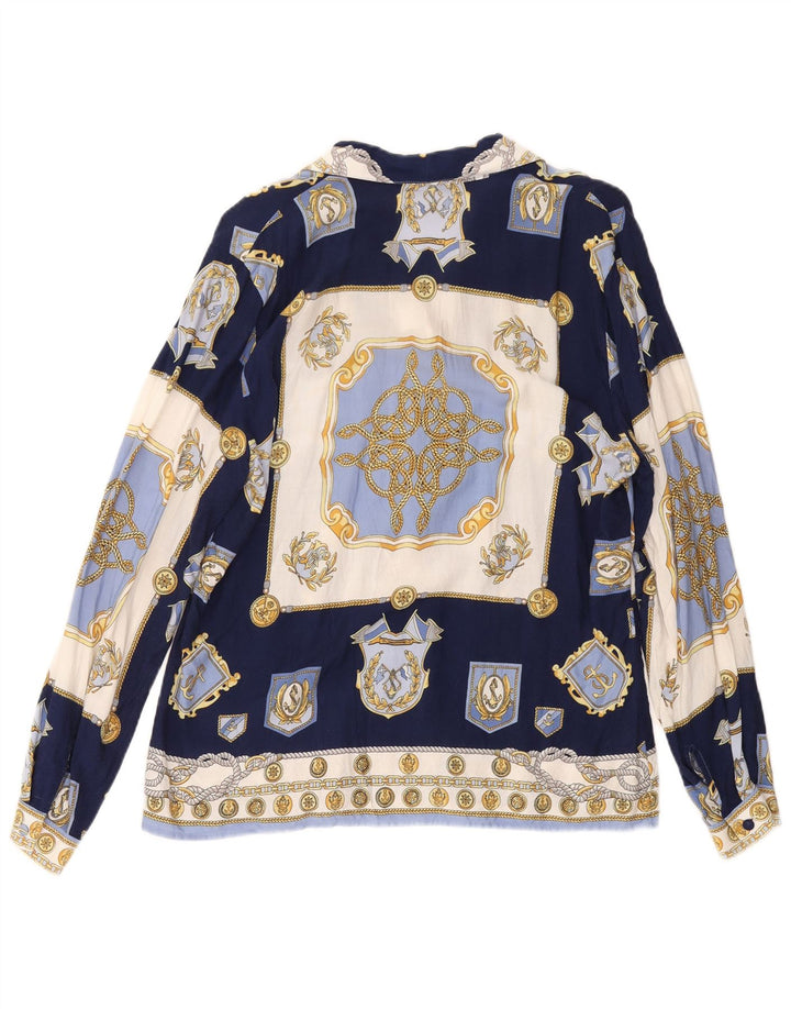 VINTAGE Womens Abstract Pattern Shirt Blouse UK 14 Medium Navy Blue