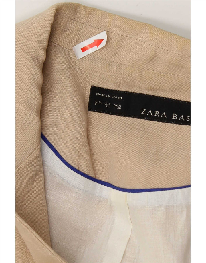 Zara Womens 3/4 Sleeve Open Blazer Jacket UK 14 Large Beige Cotton
