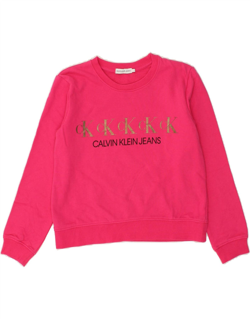 CALVIN KLEIN JEANS Girls Graphic Sweatshirt Jumper 11-12 Years Pink Cotton | Vintage Calvin Klein Jeans | Thrift | Second-Hand Calvin Klein Jeans | Used Clothing | Messina Hembry 