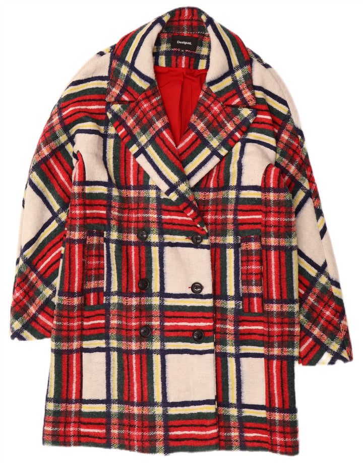 Desigual Womens Double Breasted Coat EU 38 Medium Red Check Polyester