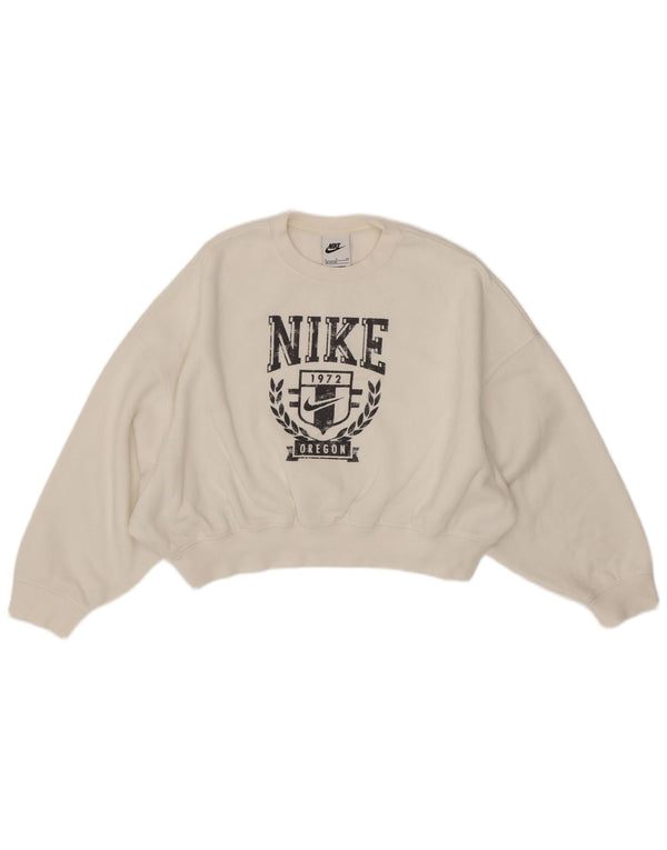 Nike Girls Crop Graphic Sweatshirt Jumper 8-9 Years Small White Cotton