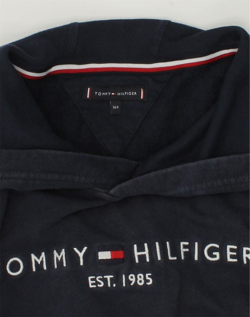 TOMMY HILFIGER Boys Graphic Hoodie Jumper 14-15 Years Navy Blue Cotton | Vintage Tommy Hilfiger | Thrift | Second-Hand Tommy Hilfiger | Used Clothing | Messina Hembry 