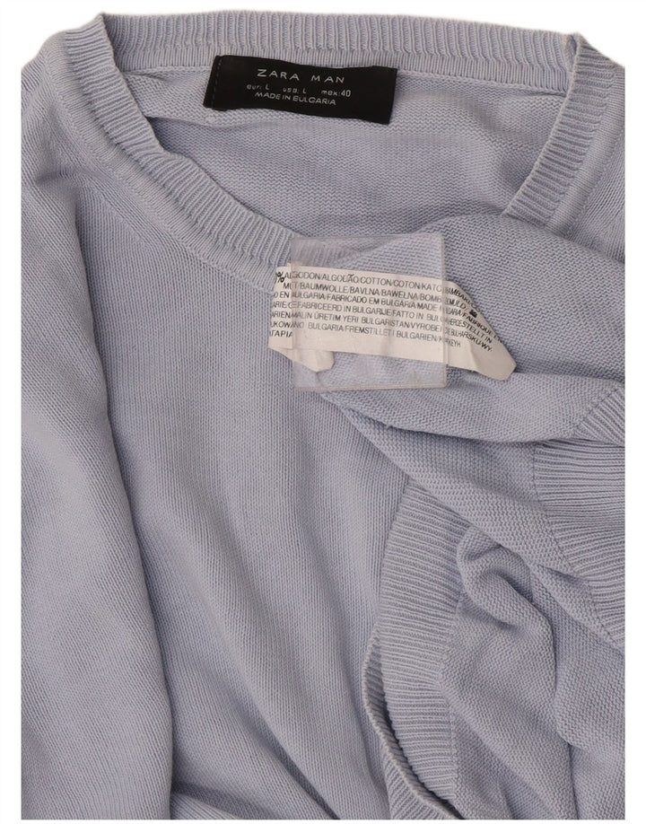 Zara Mens Crew Neck Jumper Sweater Large Blue Cotton