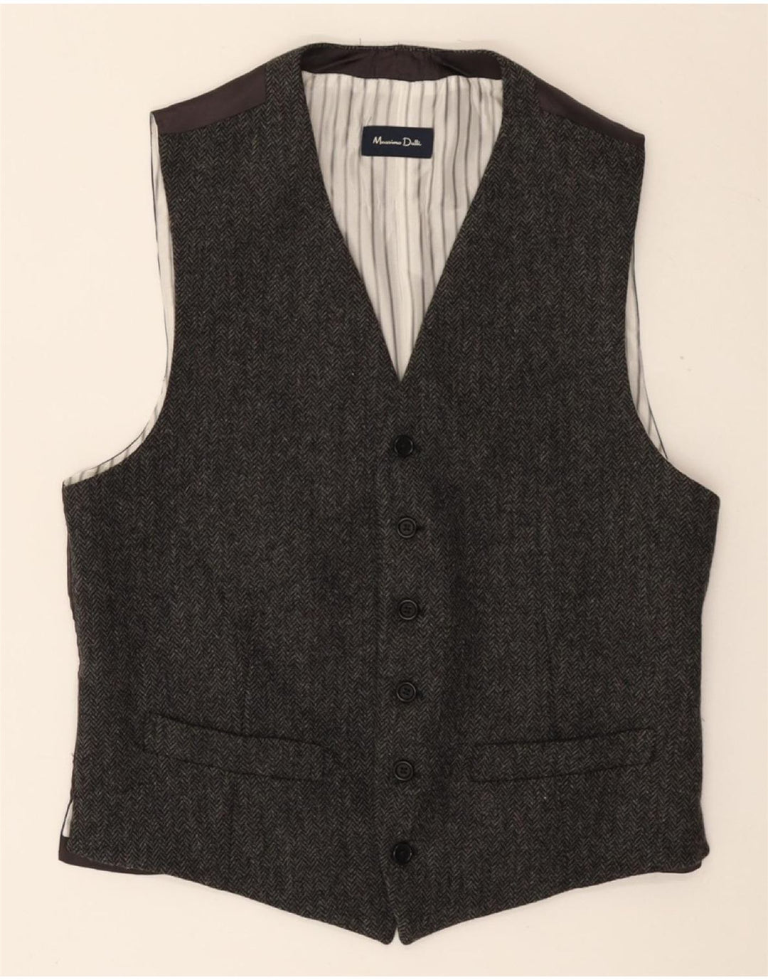 Massimo Dutti Mens Waistcoat EU 38 Medium Grey Herringbone Wool