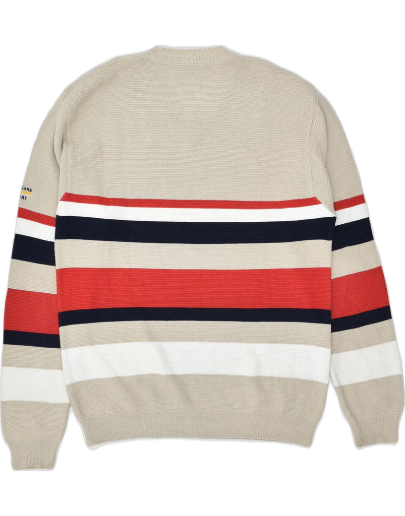 NAVIGARE Mens V-Neck Jumper Sweater Small Beige Striped Cotton | Vintage | Thrift | Second-Hand | Used Clothing | Messina Hembry 