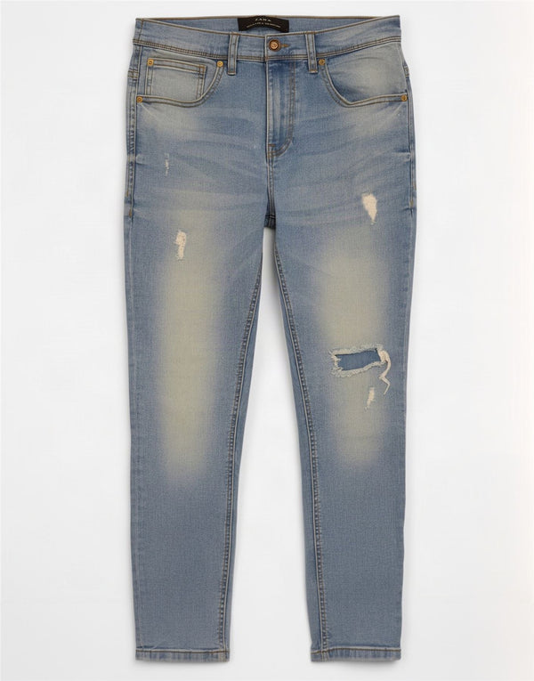 Zara Mens Distressed Cropped Slim Jeans EU 40 Medium W31 L25 Blue Cotton