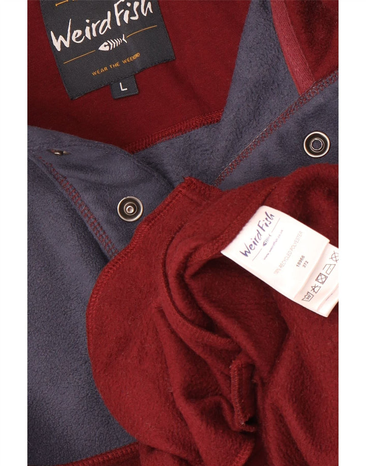 WEIRD FISH Mens Button Neck Fleece Jumper Large Maroon Colourblock