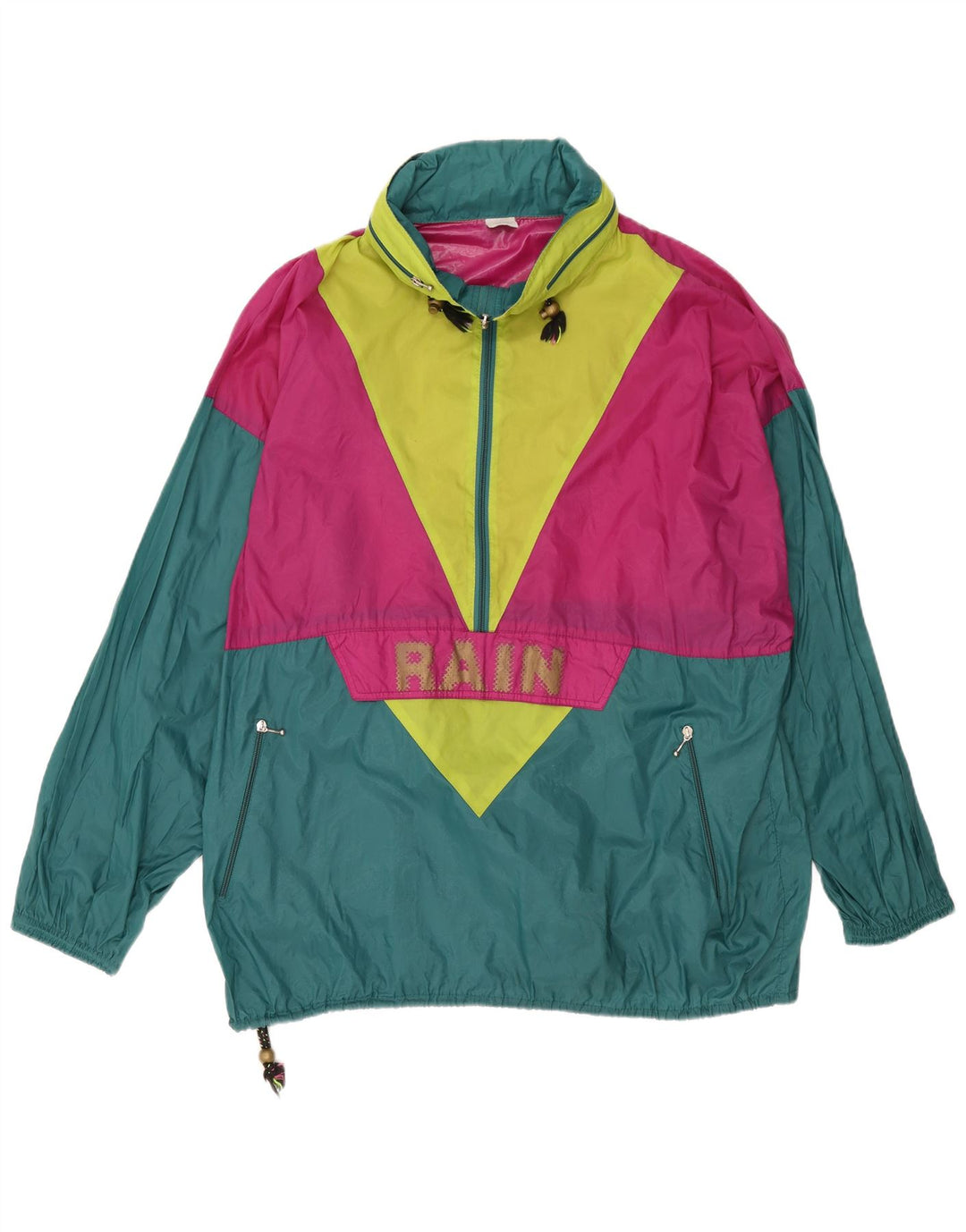 Vintage Mens Graphic Pullover Rain Jacket UK 42 XL Green Colourblock