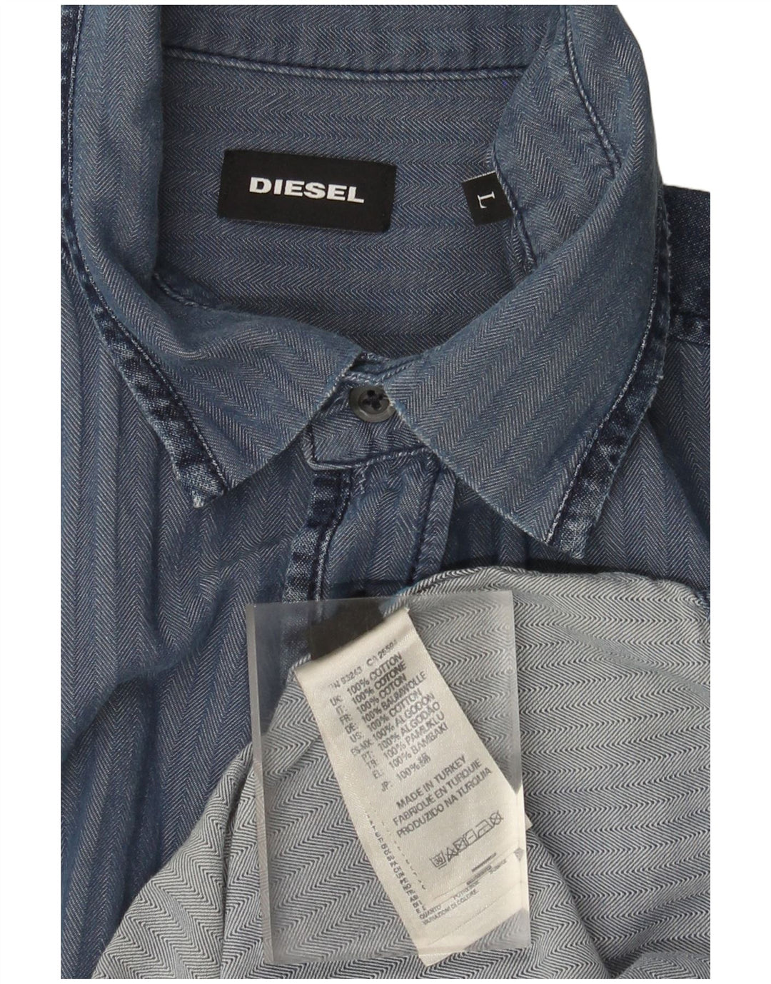 Diesel Mens Shirt Large Navy Blue Herringbone Cotton