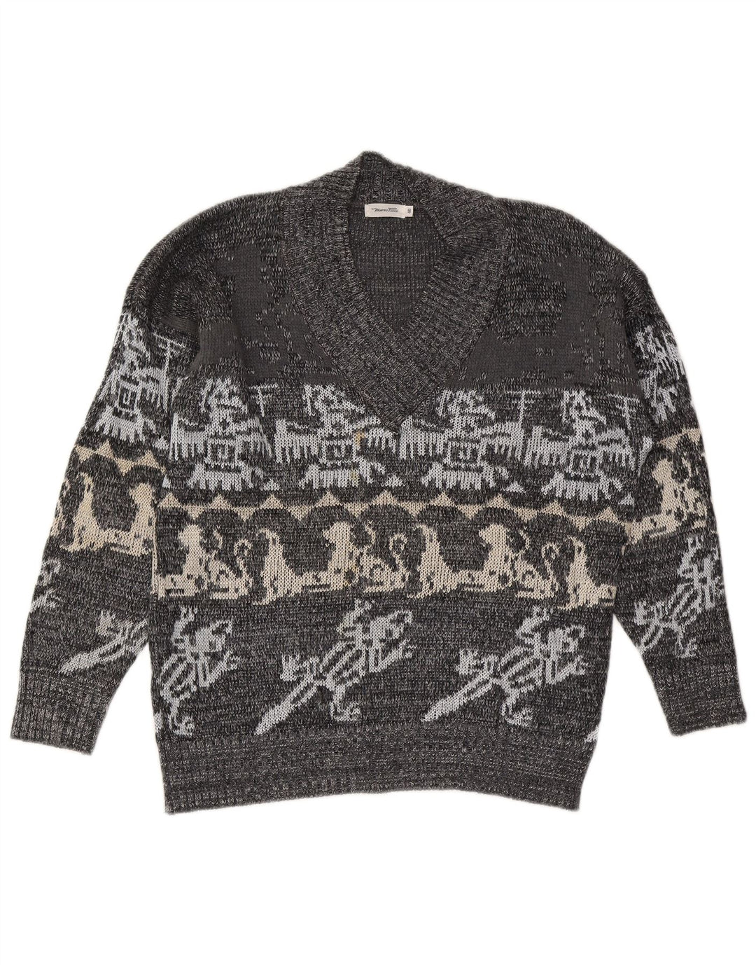 Marco Pecci Mens V-Neck Jumper Sweater UK 40 Medium Grey Fair Isle